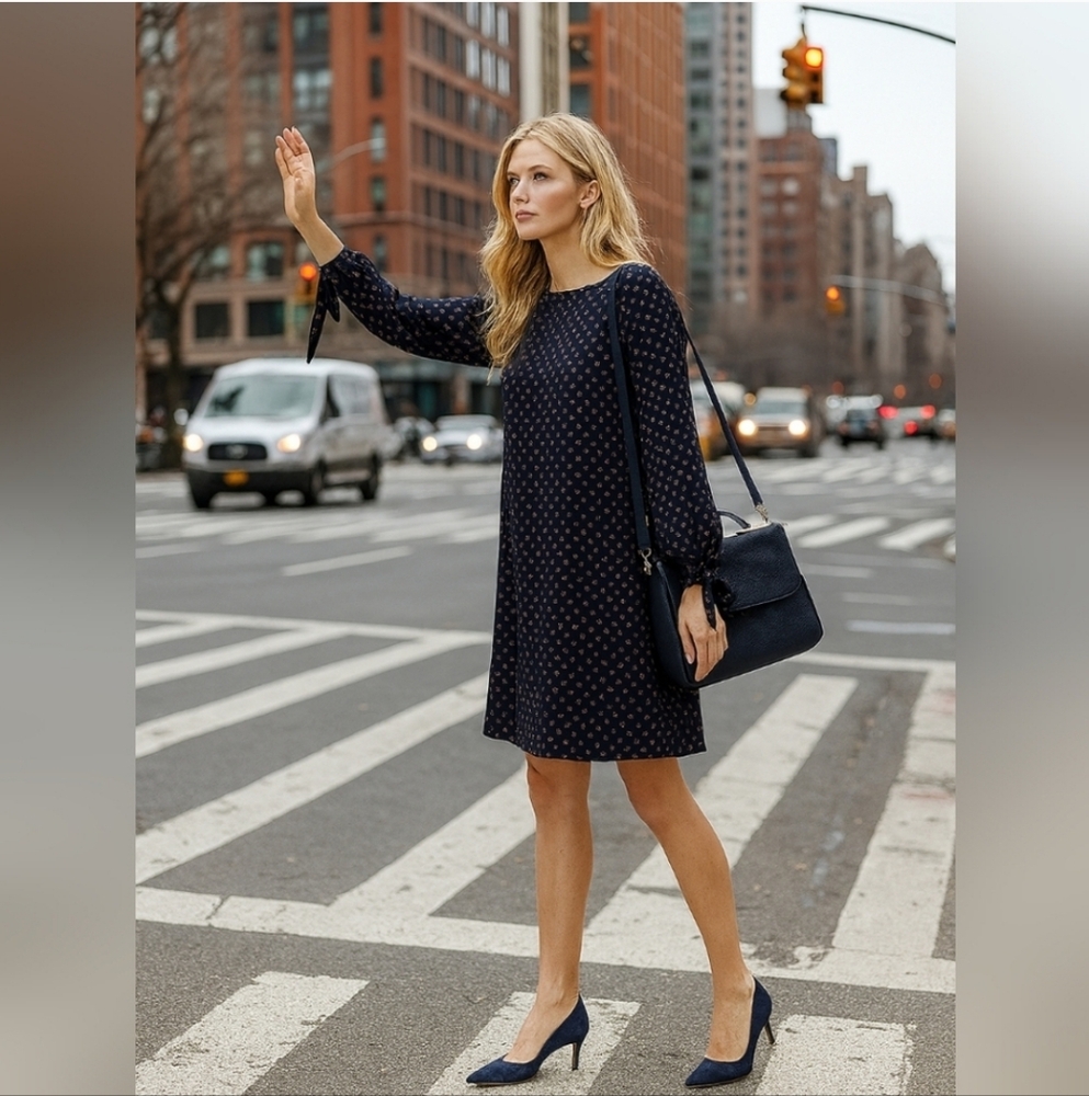 Flowy Navy Long Sleeve Dress
